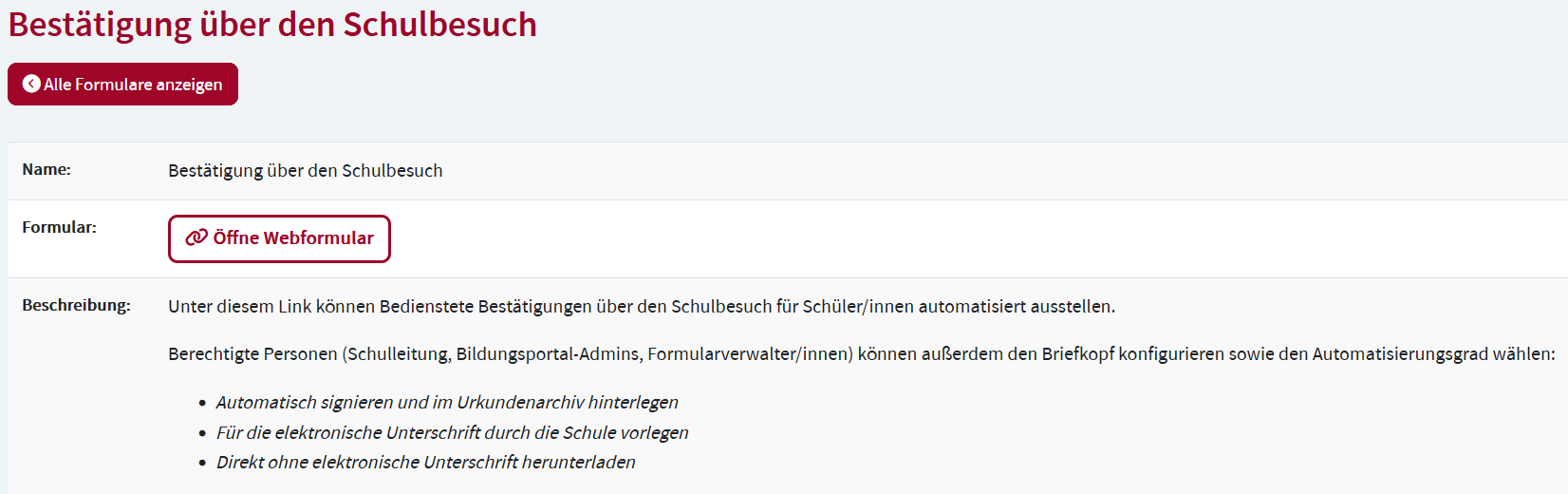 Detailansicht eines Formulars
