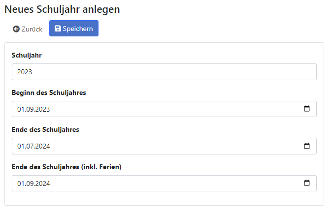Formular zum Anlegen des Schuljahres