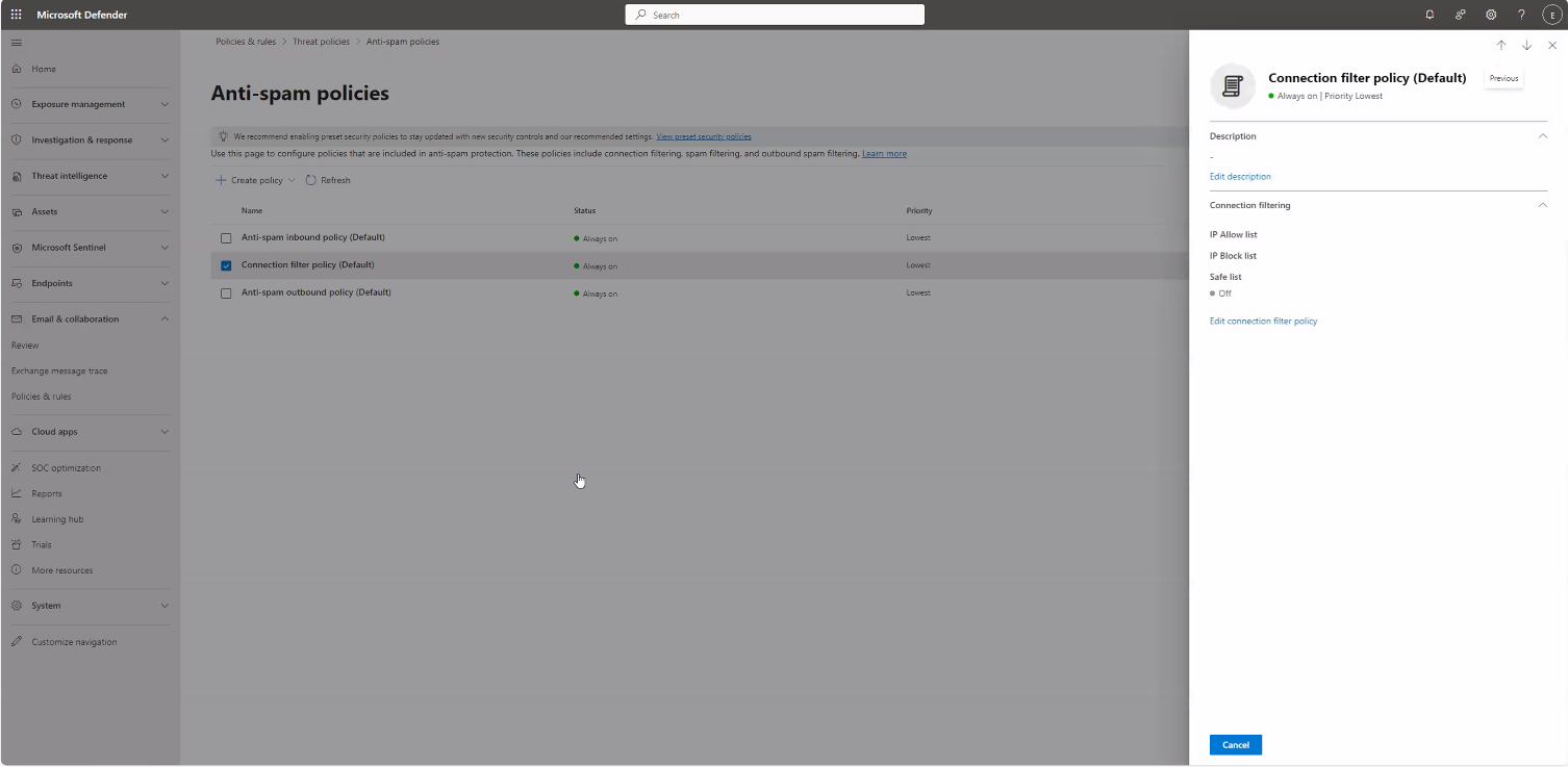 Connection filter policy