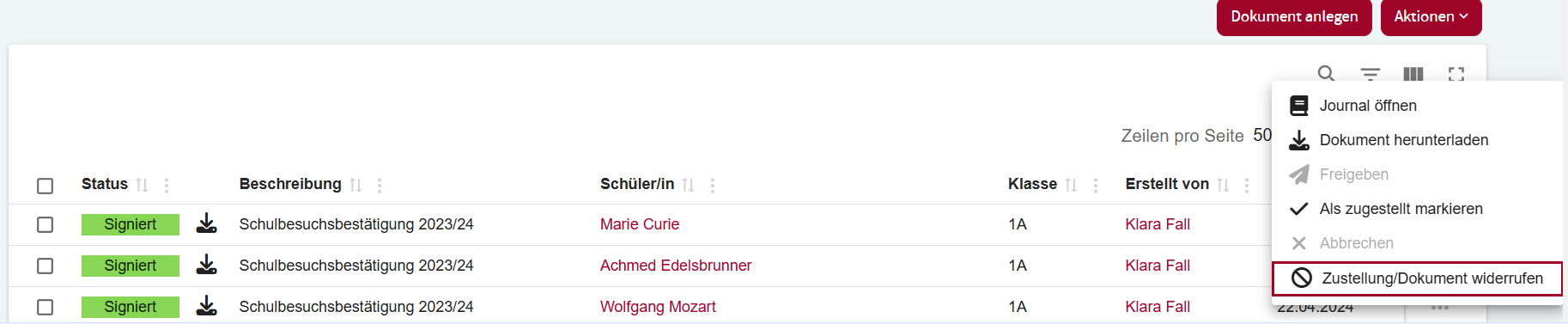 Einzelnes Dokument widerrufen