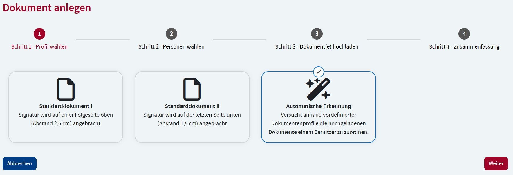 Dokumentenprofil wählen