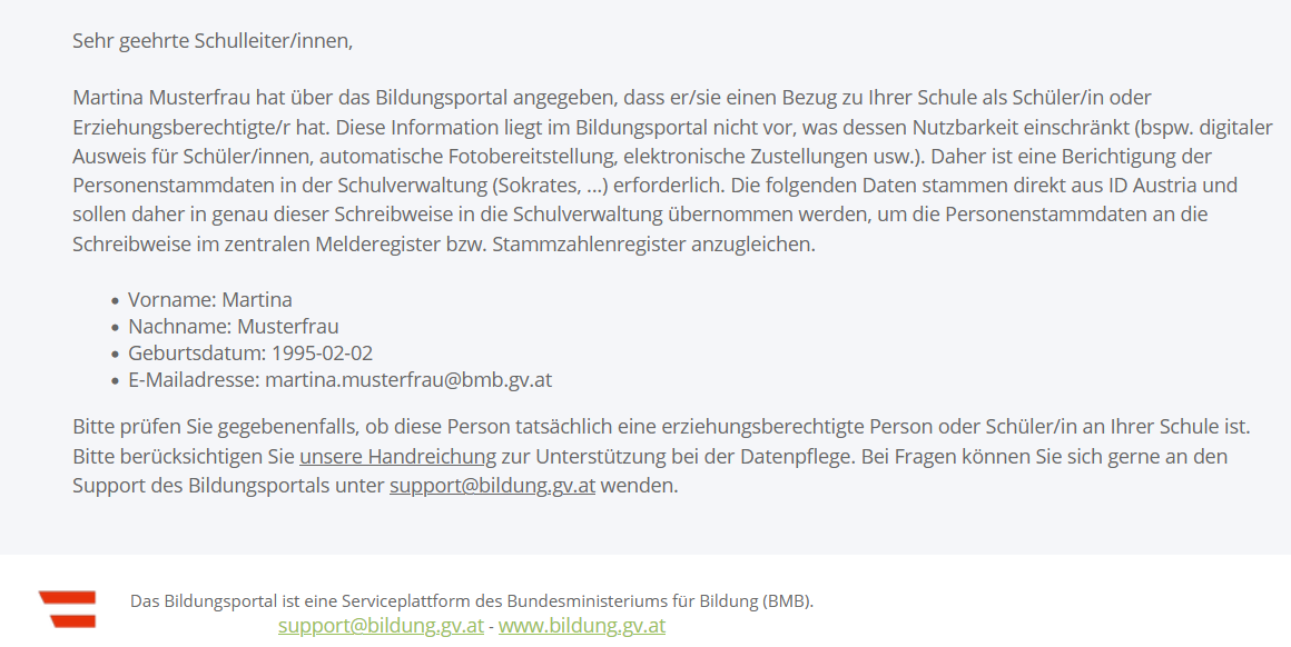 Example of email with data correction request