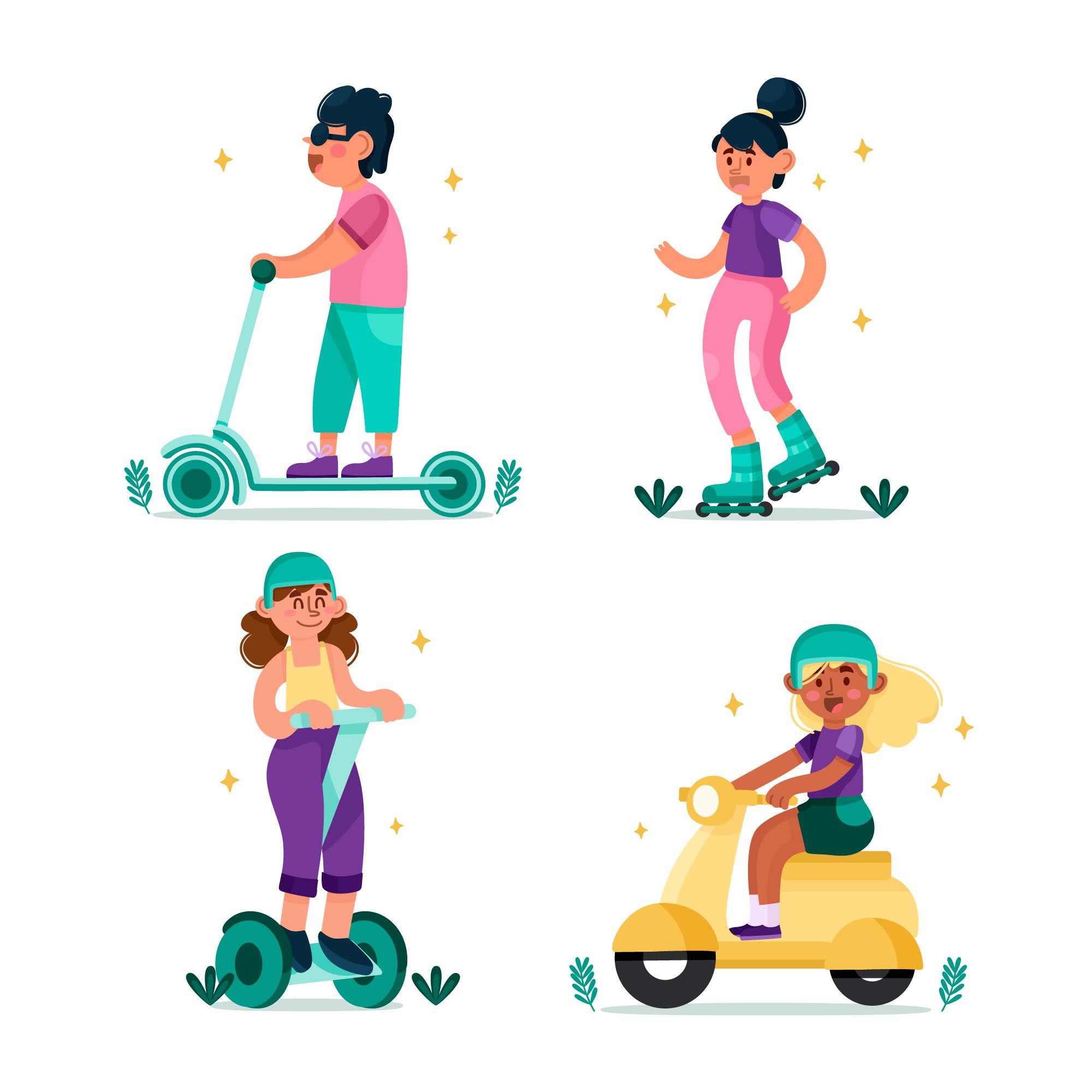 Vektorgrafik zeigt Jugendliche auf verschiedenen Fortbewegungsmitteln: Scooter, Inlineskates, Motorroller und Segway.