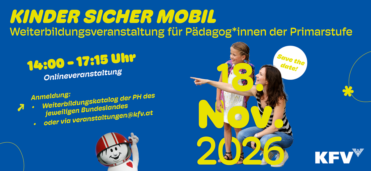 Info zum KFV-online-Weiterbildung für Pädagoginnen und Pädagogen mit dem Titel "Kinder sicher mobil" am 18.11.2026, 14-17:15h
